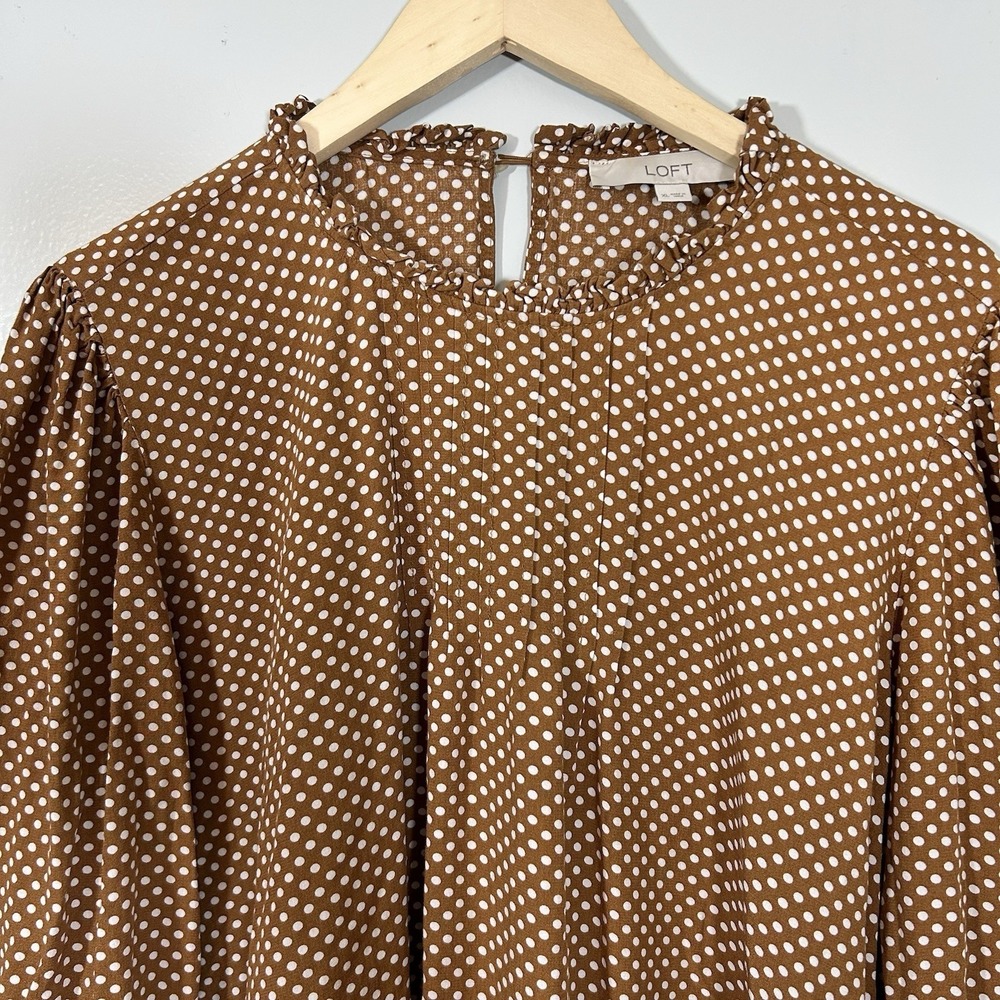 Loft Polka Dot Long Sleeve Blouse Women's XL Pleated Front Ruffled Neck Office - Picture 2 of 8
